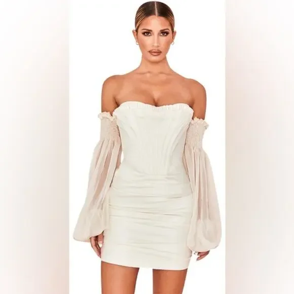 HOUSE OF CB Beau White Ivory Draped Corset Bustier Dreamy Flowy Chiffon Dress - Picture 11 of 16